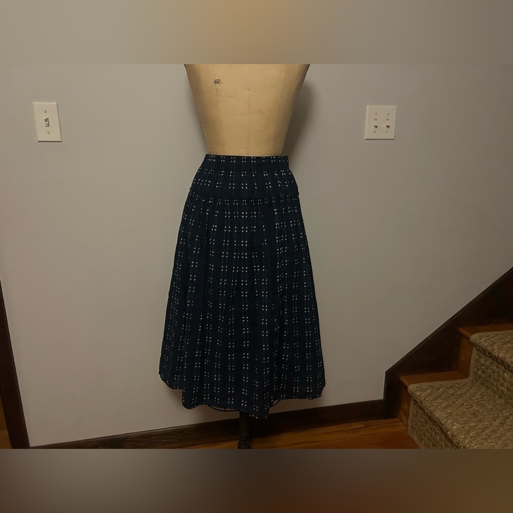 Madewell Navy Blue A-Line Midi Skirt with White Dot Grid